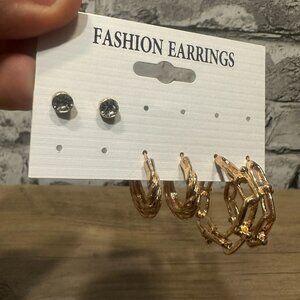 NWT Fashion Earrings 2 Pack Set (3 Studs, 5 Small Hoops)